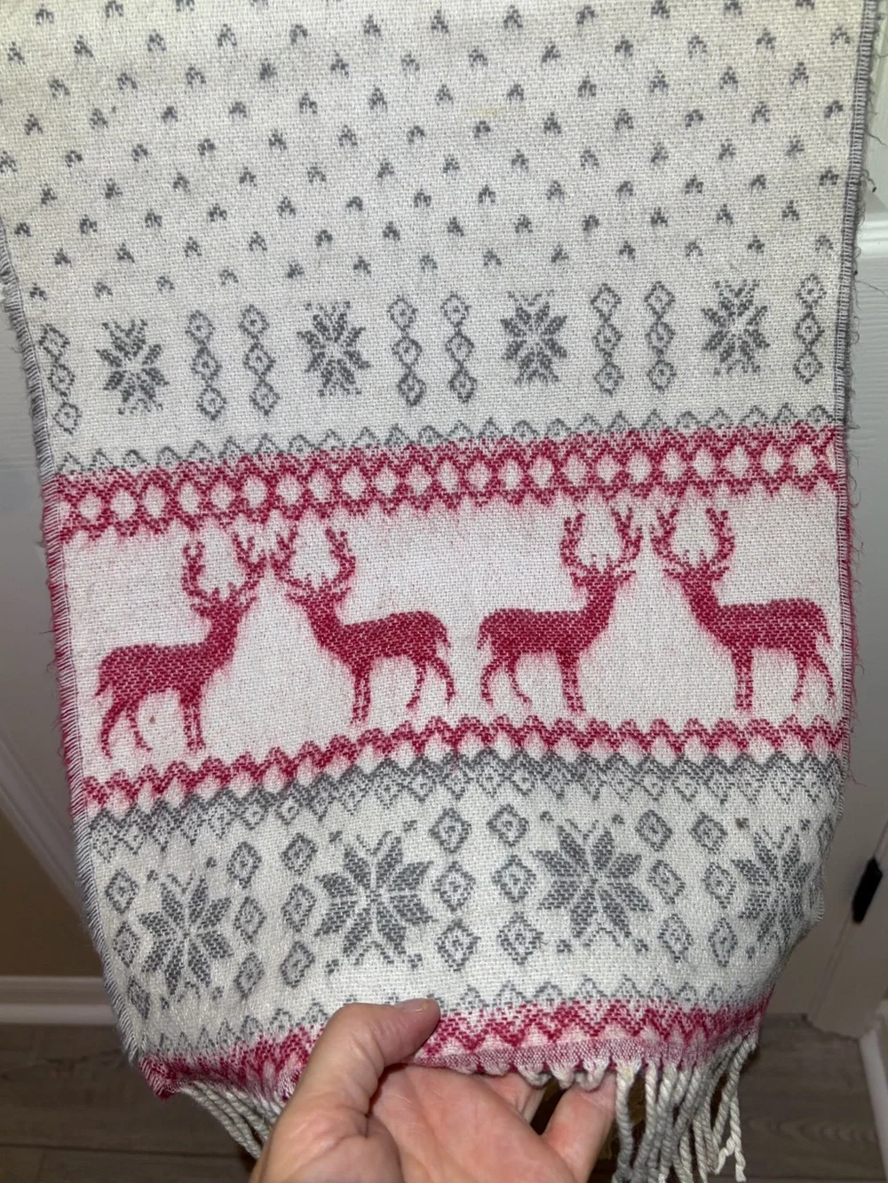 12” X 66” Soft Cozy Holiday Reindeer Pattern Winter Scarf - Cream & Red